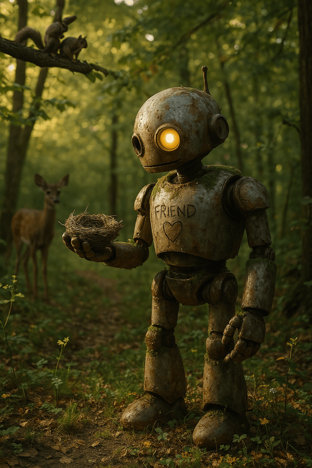 A heart etched in metal and moss